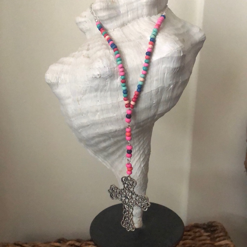 Pretty Silver Tone Filigree Cross With Multi-Colored Beaded Necklace